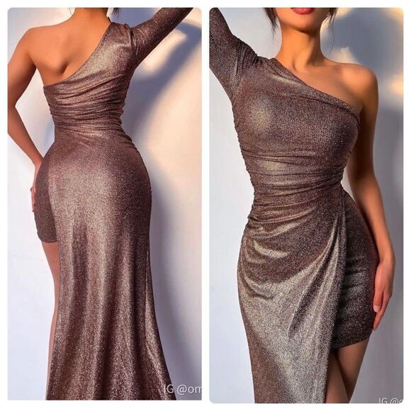Zara Sparkly Draped One Sleeve Asymmetric Bronze Dress - Picture 1 of 9